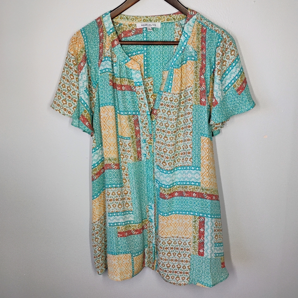 Rose & Olive Top Womens‎ Plus 1X Blue Patchwork Flutter Sleeve Button Up Relaxed